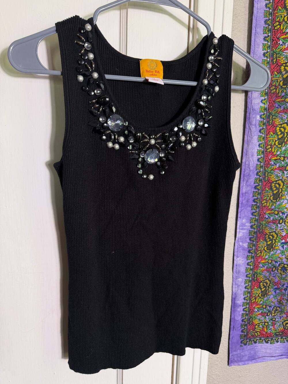 Ruby Rd Black Ribbed Tank Top Beaded Rhinestone Statement Neck Y2K - PS